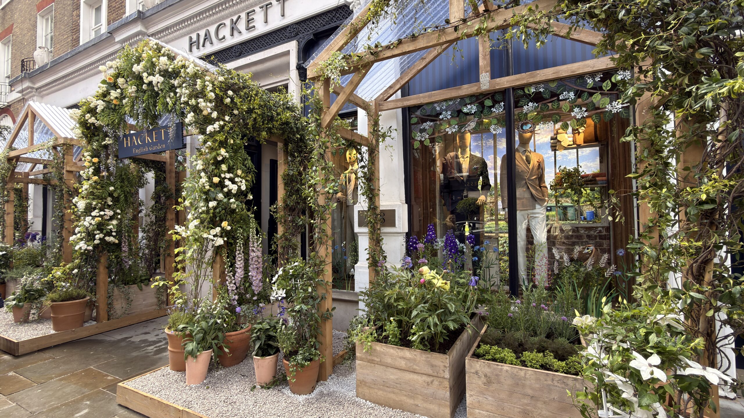 Hackett Chelsea in Bloom floral storefront installation