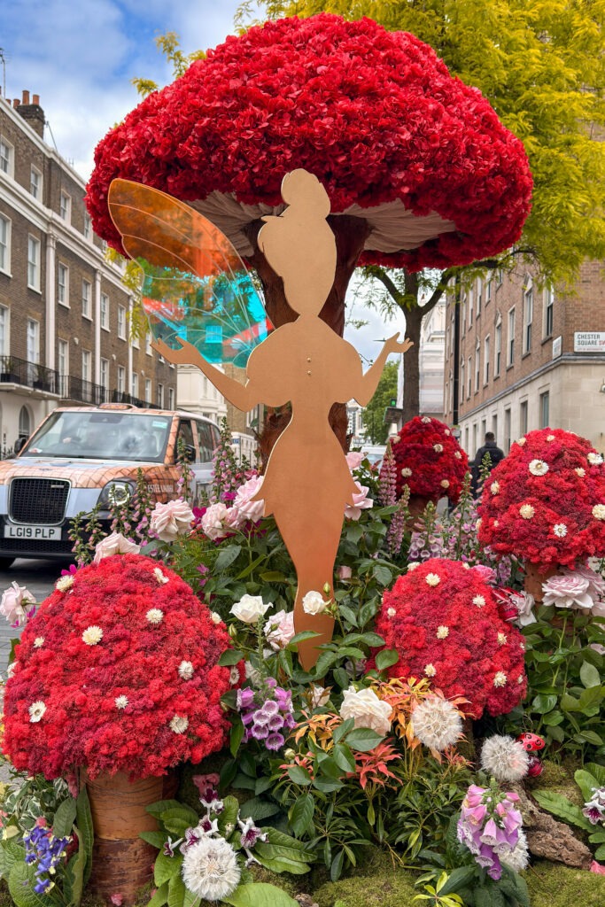 Floral mushroom fairy tinkerbell installation at Chelsea in Bloom 2026 demonstrating experiential retail storytelling