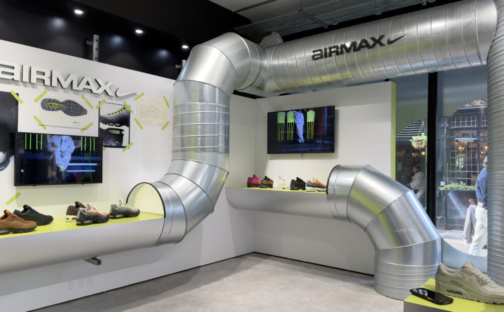 Industrial-style Nike pop-up installation inside the Size? Carnaby Street flagship in London