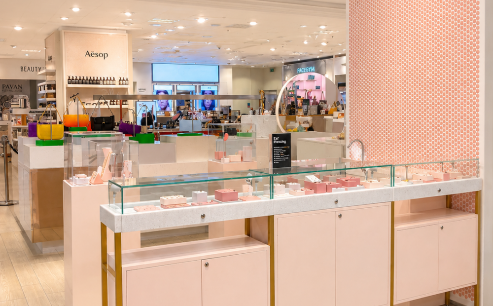 strid & Miyu piercing concession at Selfridges featuring bespoke jewellery displays, illuminated branding and integrated piercing station designed by NORTHBANKS.