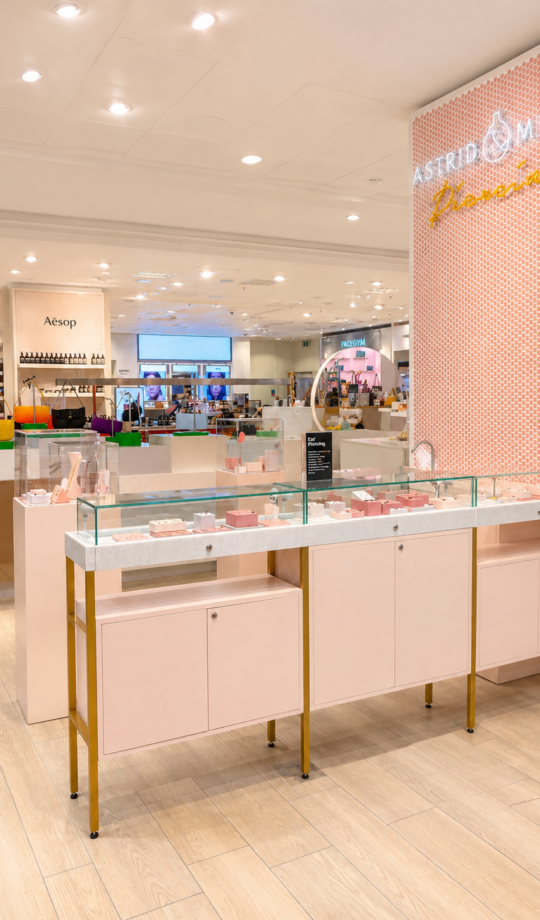 strid & Miyu piercing concession at Selfridges featuring bespoke jewellery displays, illuminated branding and integrated piercing station designed by NORTHBANKS.