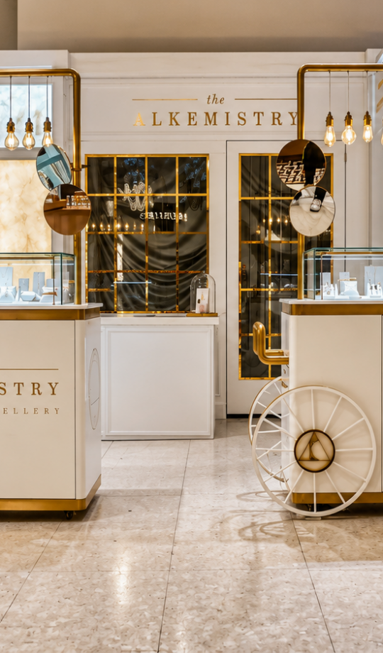 The Alkemistry luxury jewellery pop-up at Selfridges London featuring bespoke white and gold display carts, illuminated pendant lighting, glass showcases and a premium retail environment designed and delivered by NORTHBANKS.
