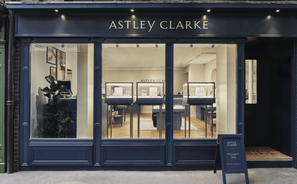 Astley Clarke flagship jewellery store on Monmouth Street, London, designed and delivered by Northbanks with bespoke retail displays and luxury shopfront.