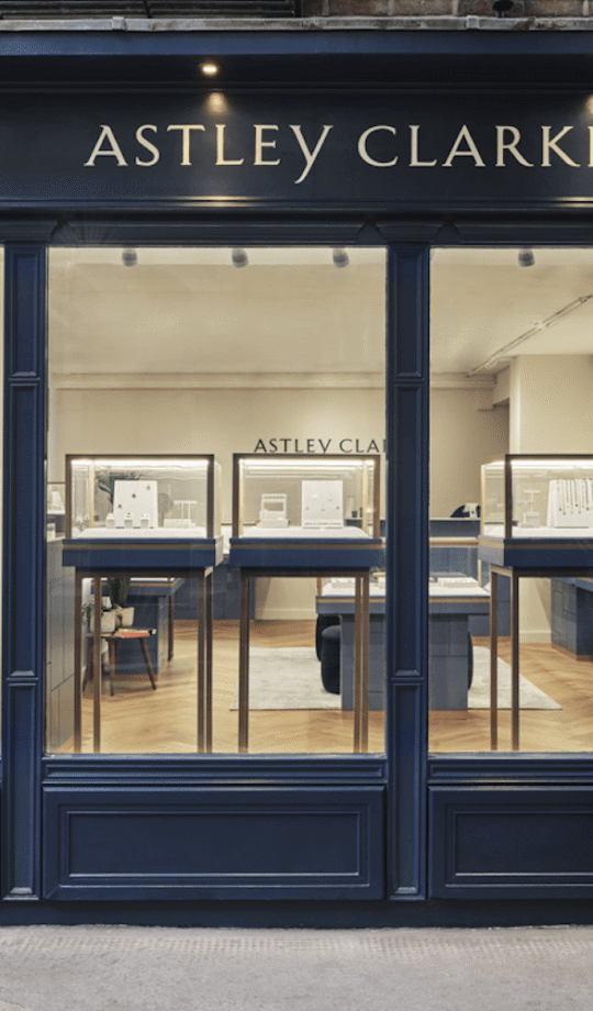 Astley Clarke flagship jewellery store on Monmouth Street, London, designed and delivered by Northbanks with bespoke retail displays and luxury shopfront.