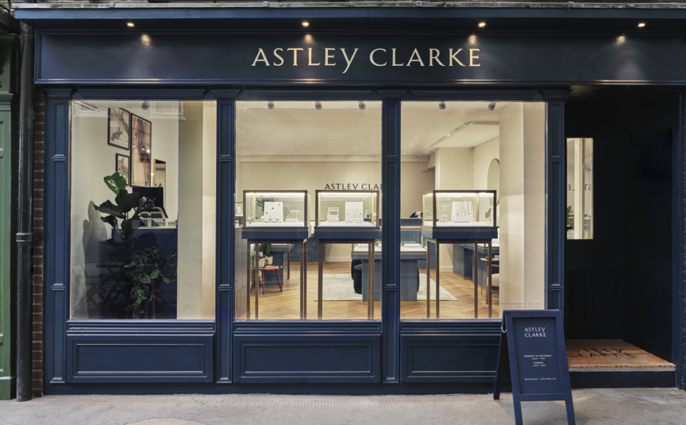 Astley Clarke flagship jewellery store on Monmouth Street, London, designed and delivered by Northbanks with bespoke retail displays and luxury shopfront.
