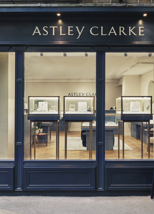 Astley Clarke flagship jewellery store on Monmouth Street, London, designed and delivered by Northbanks with bespoke retail displays and luxury shopfront.